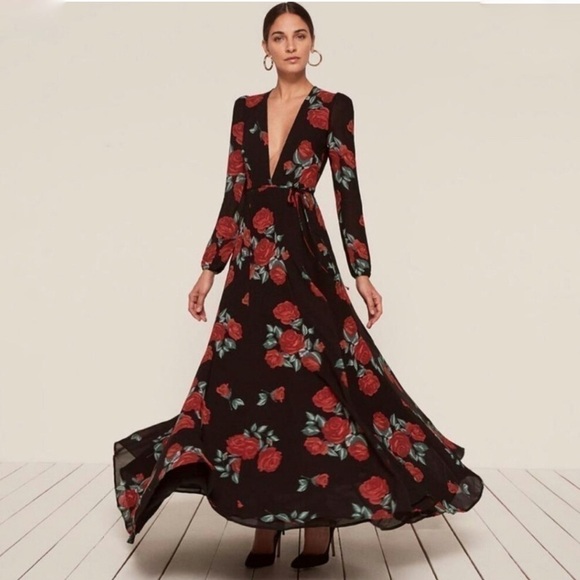 NWT Reformation Milan Maxi Dress Black Floral Hera Wrap Bridesmaid Dress Petite - Picture 11 of 13